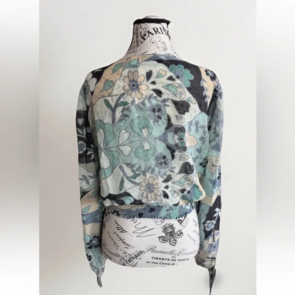 Vintage 90s Y2K DKNY Jeans Silk Mod Flower Cutout Sleeve Stretch Waist top 8